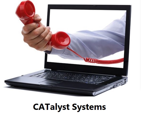 Image of a phone coming out of a laptop with the text CATalyst Systems